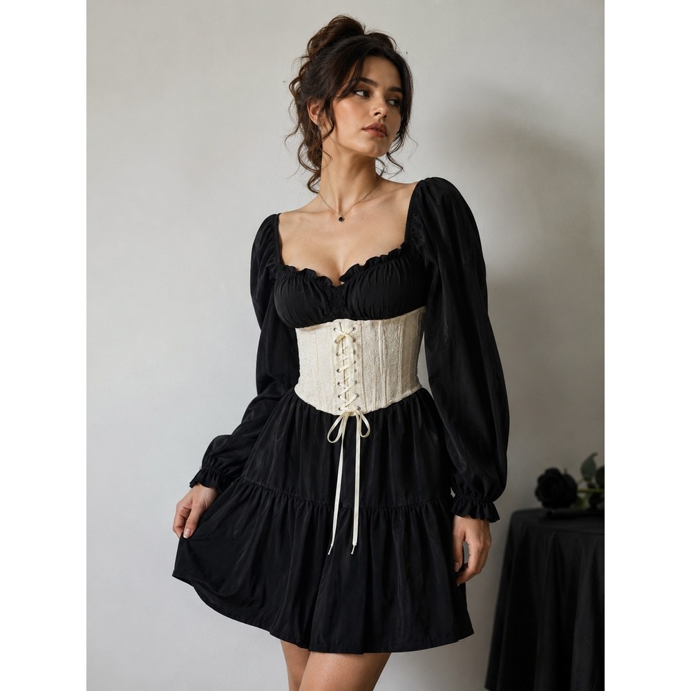 Floral Jacquard Corset Belt Women Medium Cream Lace Up Brocade Waist